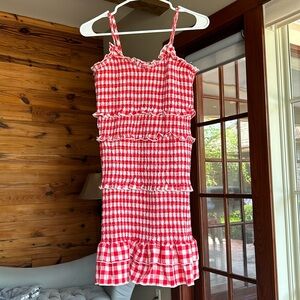 Red gingham smocked ruffle mini dress